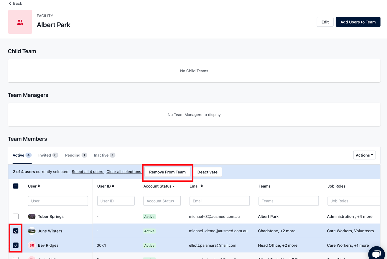 Remove users from teams