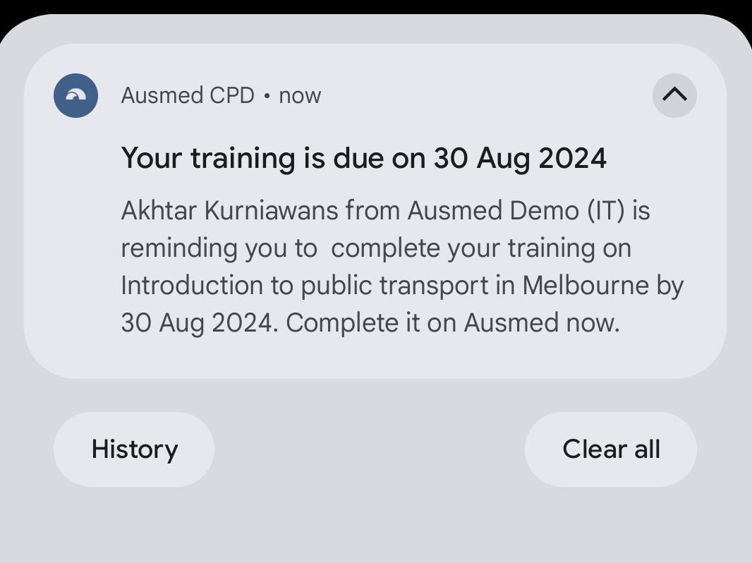 Complete Training Notification Notifications about mandatory training