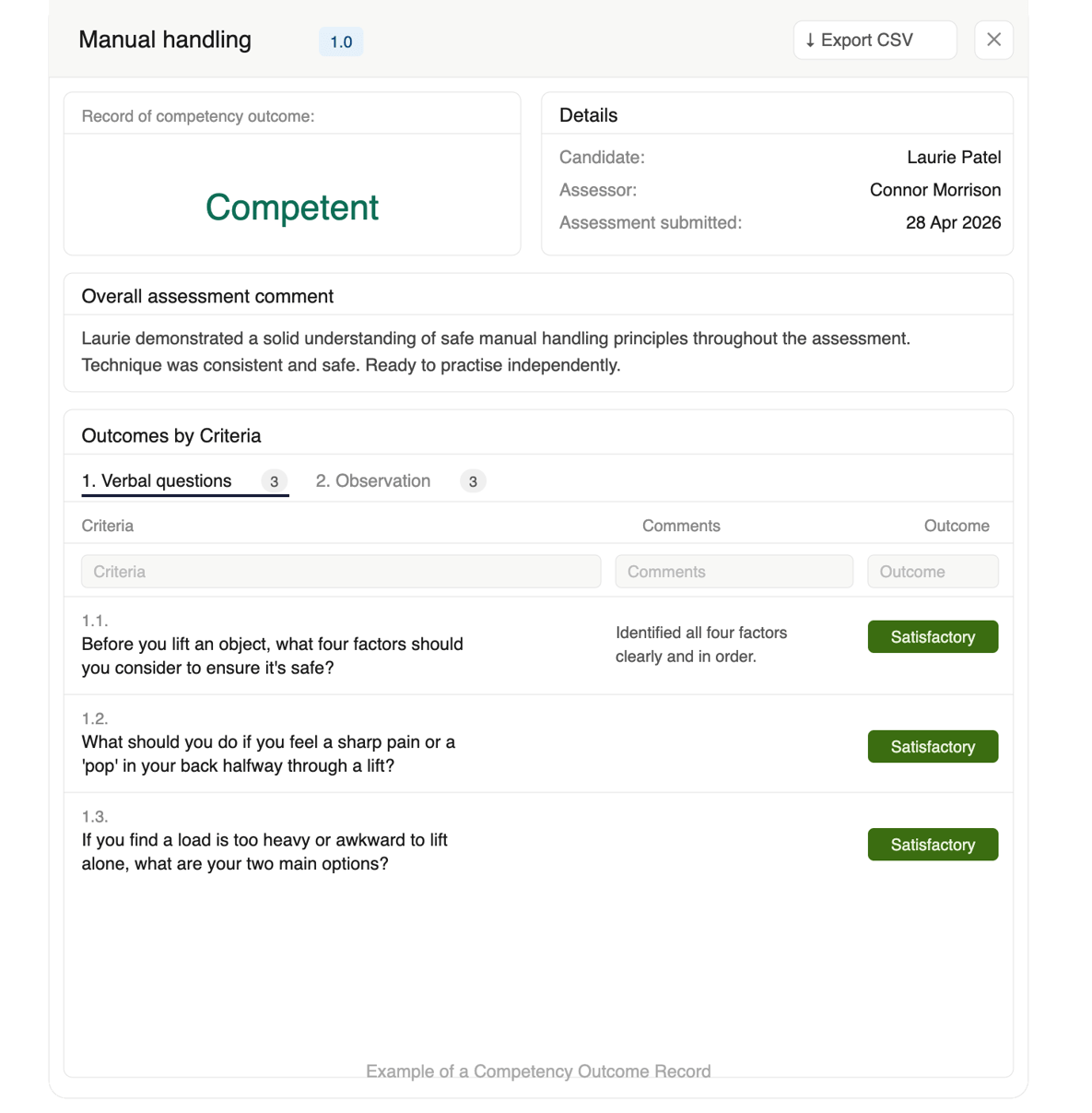 Competency Record Example Understand competency outcome records